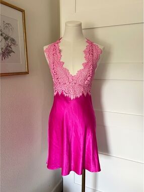 Victoria's Secret Hot Pink Satin & Lace Slip Dress